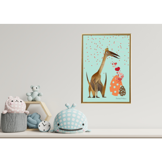 børneplakat med dinosaurus og hjerter i børneværelse